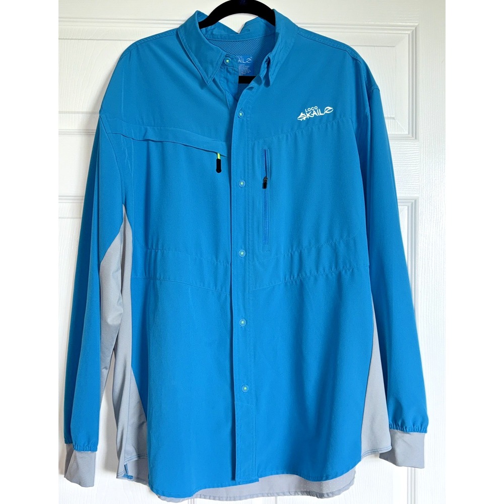 Loco Skailz Mens XL Performance Fishing Shirt Blue Grey Long Sleeve Ventilated